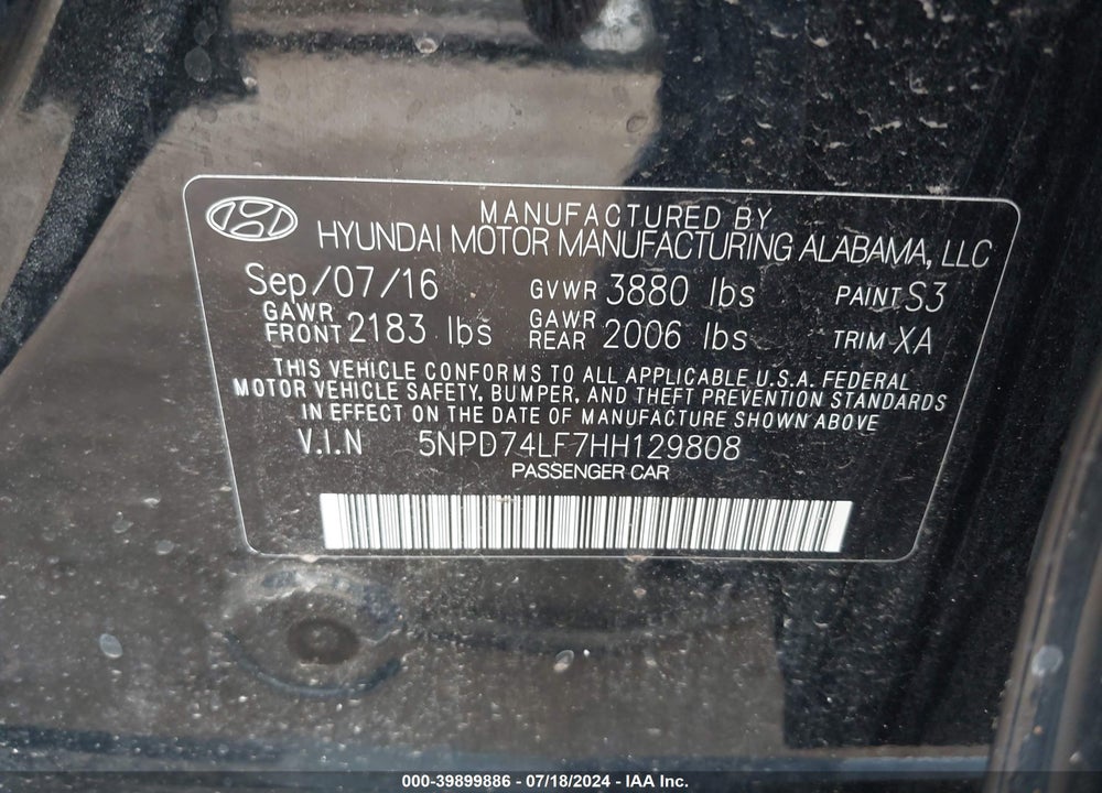 2017 HYUNDAI ELANTRA SE VIN: 5NPD74LF7HH129808