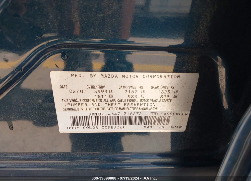 2007 MAZDA 3 S SPORT VIN: JM1BK143471716272