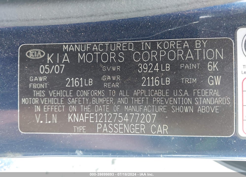 2007 KIA SPECTRA EX VIN: KNAFE121275477207