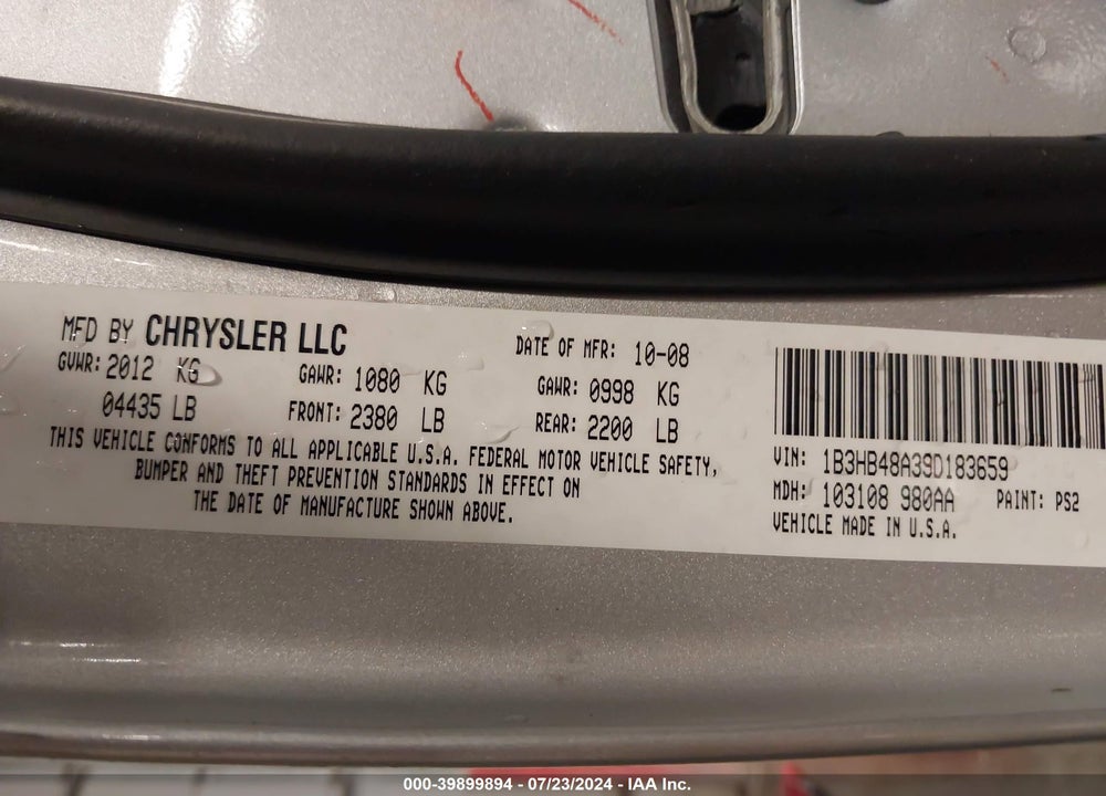 2009 DODGE CALIBER SXT VIN: 1B3HB48A39D183659