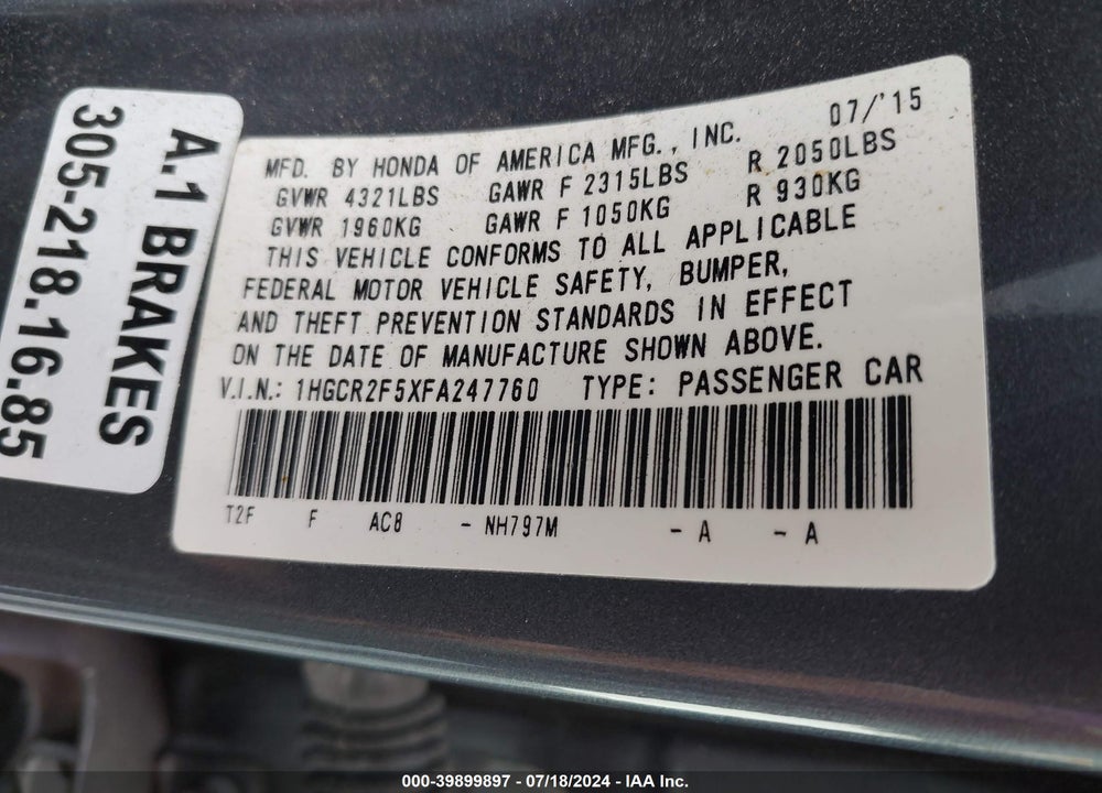 2015 HONDA ACCORD SPORT VIN: 1HGCR2F5XFA247760
