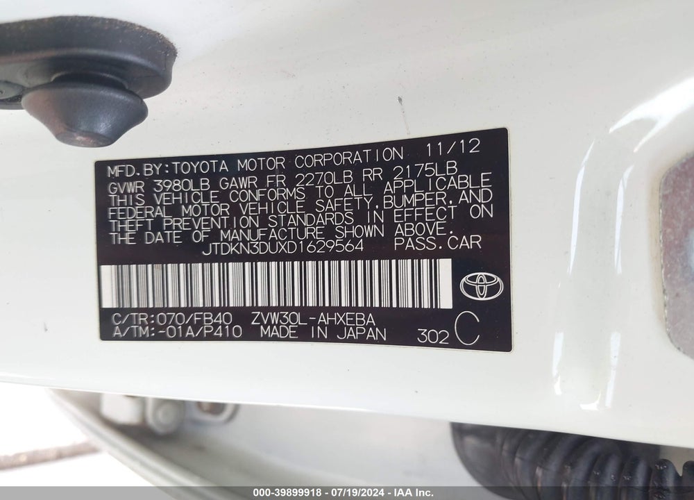 2013 TOYOTA PRIUS TWO VIN: JTDKN3DUXD1629564