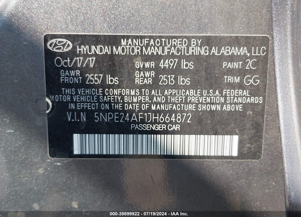 2018 HYUNDAI SONATA SE VIN: 5NPE24AF1JH664872