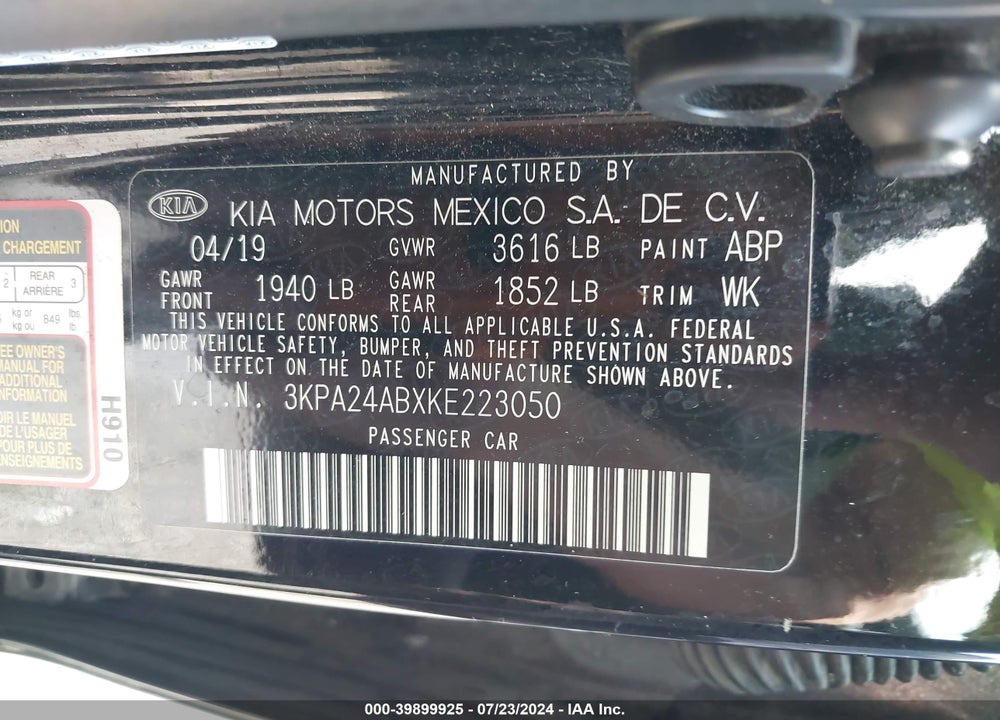 2019 KIA RIO S VIN: 3KPA24ABXKE223050