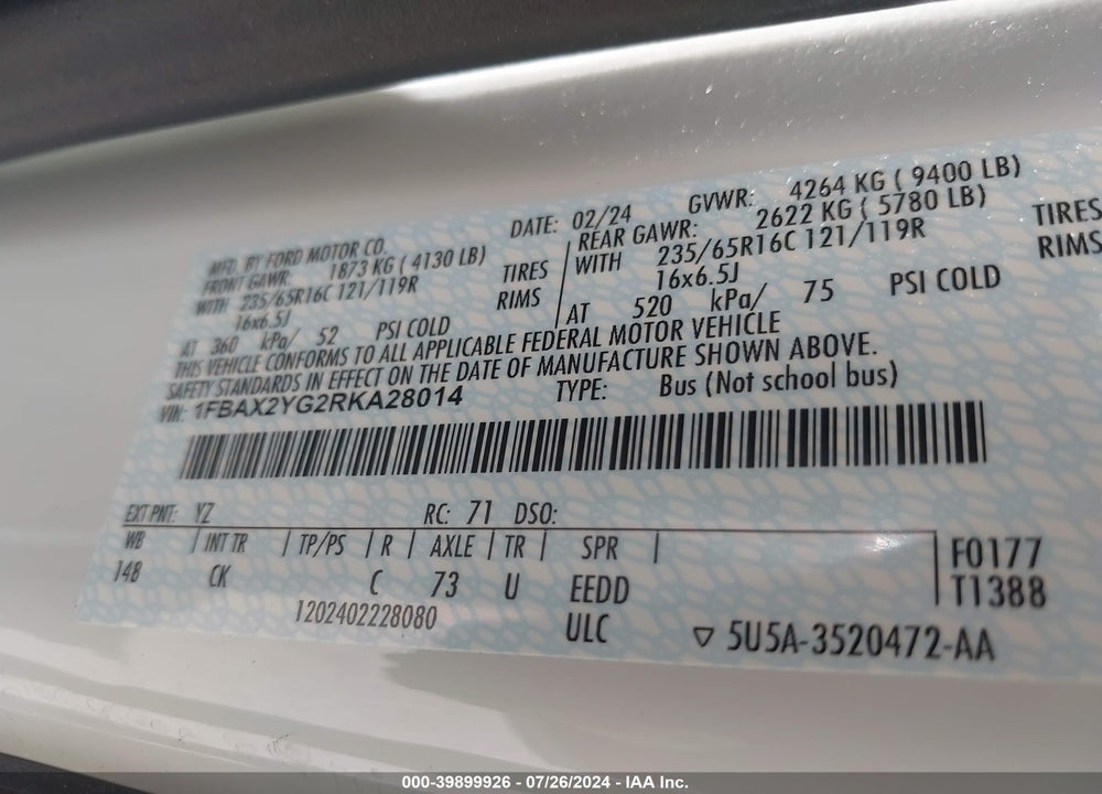 2024 FORD TRANSIT-350 PASSENGER VAN XLT VIN: 1FBAX2YG2RKA28014
