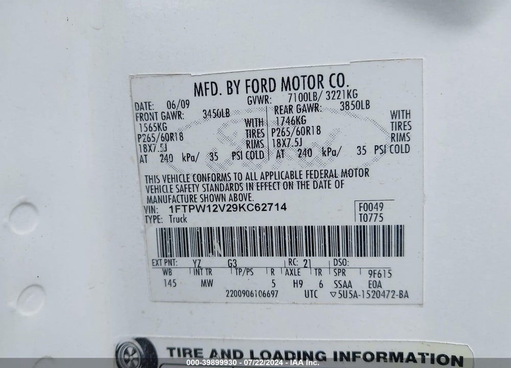 2009 FORD F-150 KING RANCH/LARIAT/PLATINUM/XL/XLT VIN: 1FTPW12V29KC62714