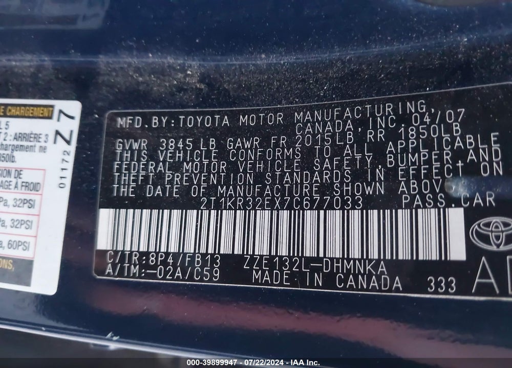 2007 TOYOTA MATRIX/XR VIN: 2T1KR32EX7C677033