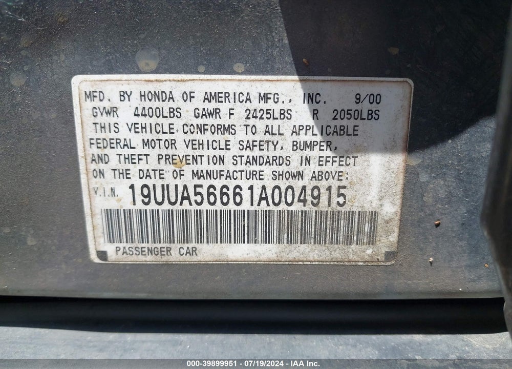 2001 ACURA TL VIN: 19UUA56661A004915