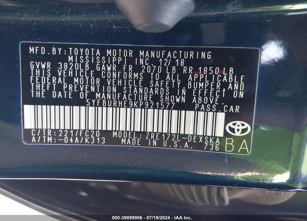 2019 TOYOTA COROLLA SE VIN: 5YFBURHE9KP921577