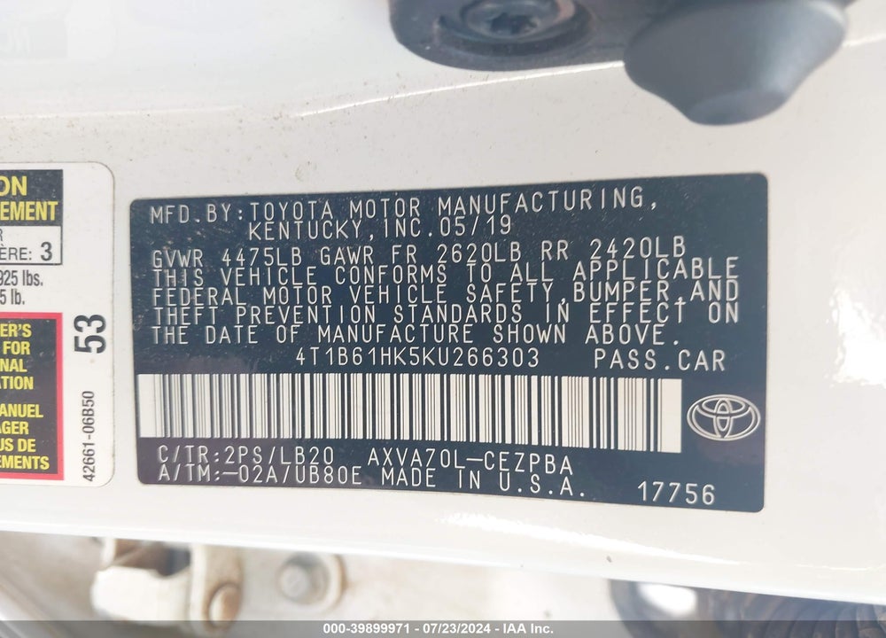 2019 TOYOTA CAMRY XSE VIN: 4T1B61HK5KU266303