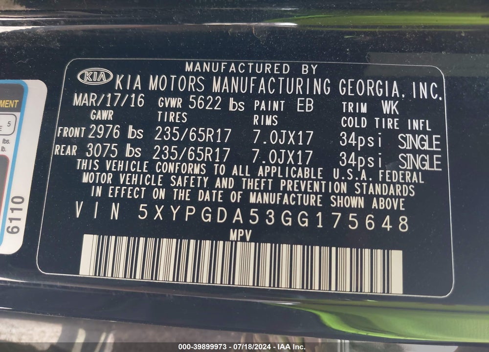 2016 KIA SORENTO 3.3L LX VIN: 5XYPGDA53GG175648