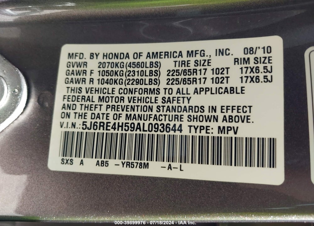 2010 HONDA CR-V EX VIN: 5J6RE4H59AL093644