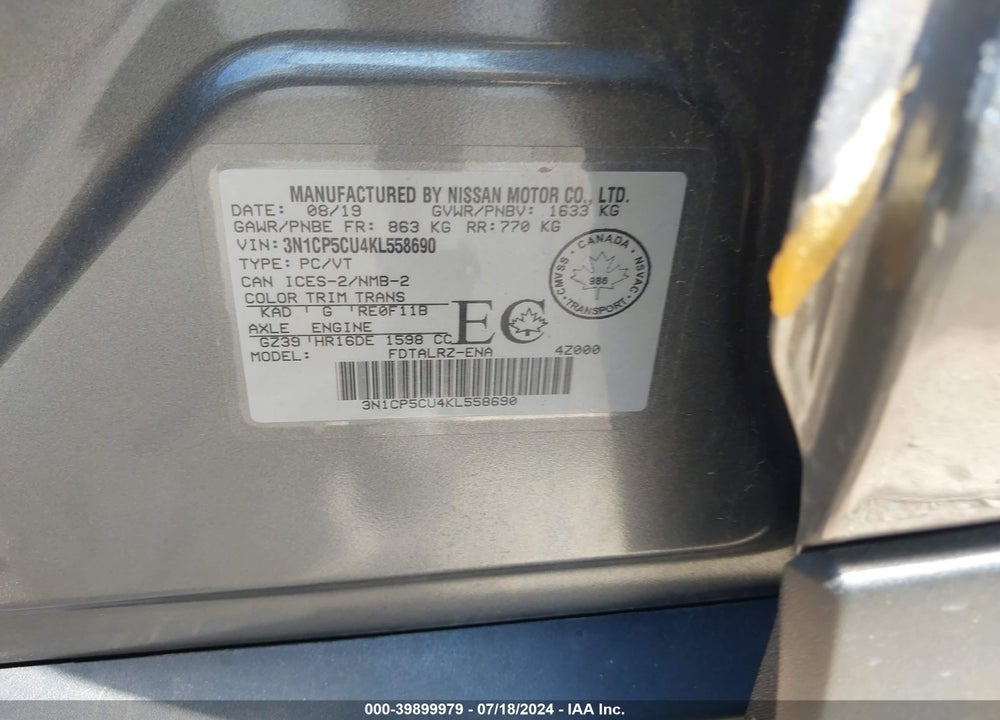 2019 NISSAN KICKS S/SR/SV VIN: 3N1CP5CU4KL558690