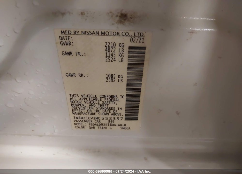 2021 NISSAN LEAF SV PLUS 62 KWH VIN: 1N4BZ1CV1MC553357