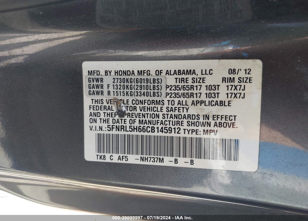 2012 HONDA ODYSSEY EX-L VIN: 5FNRL5H66CB145912