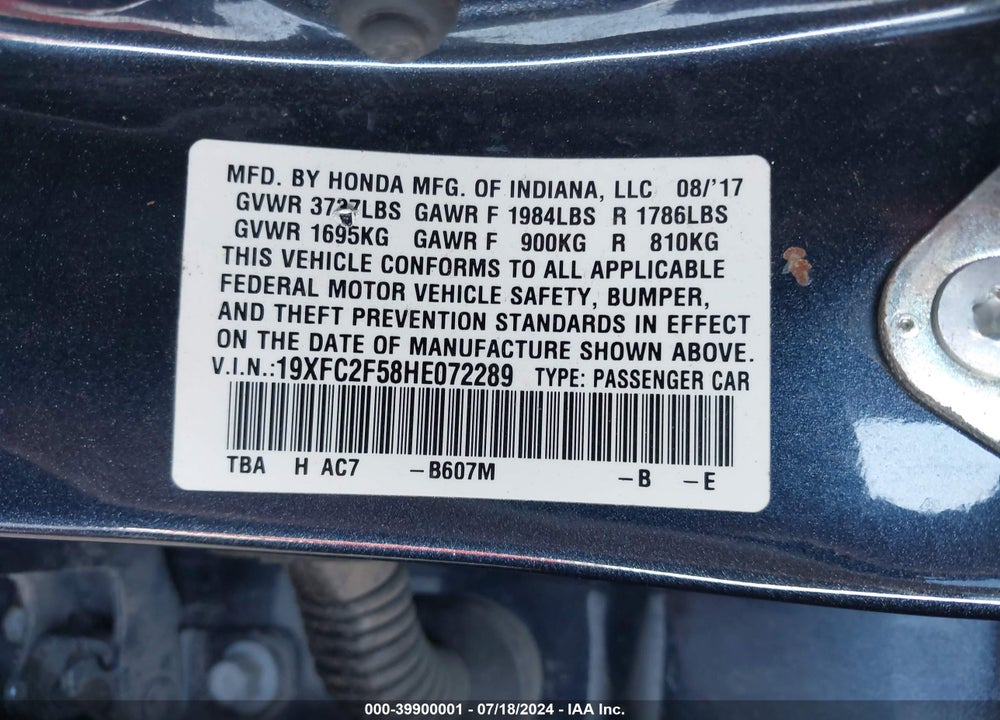 2017 HONDA CIVIC LX VIN: 19XFC2F58HE072289