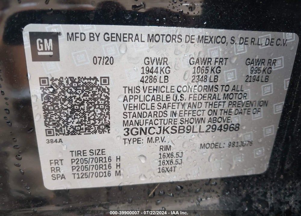 2020 CHEVROLET TRAX FWD LS VIN: 3GNCJKSB9LL294968