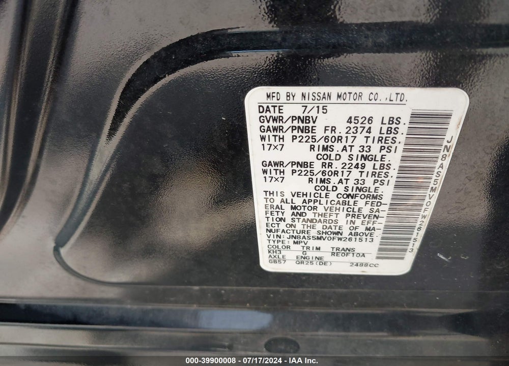 2015 NISSAN ROGUE SELECT S VIN: JN8AS5MV0FW261513