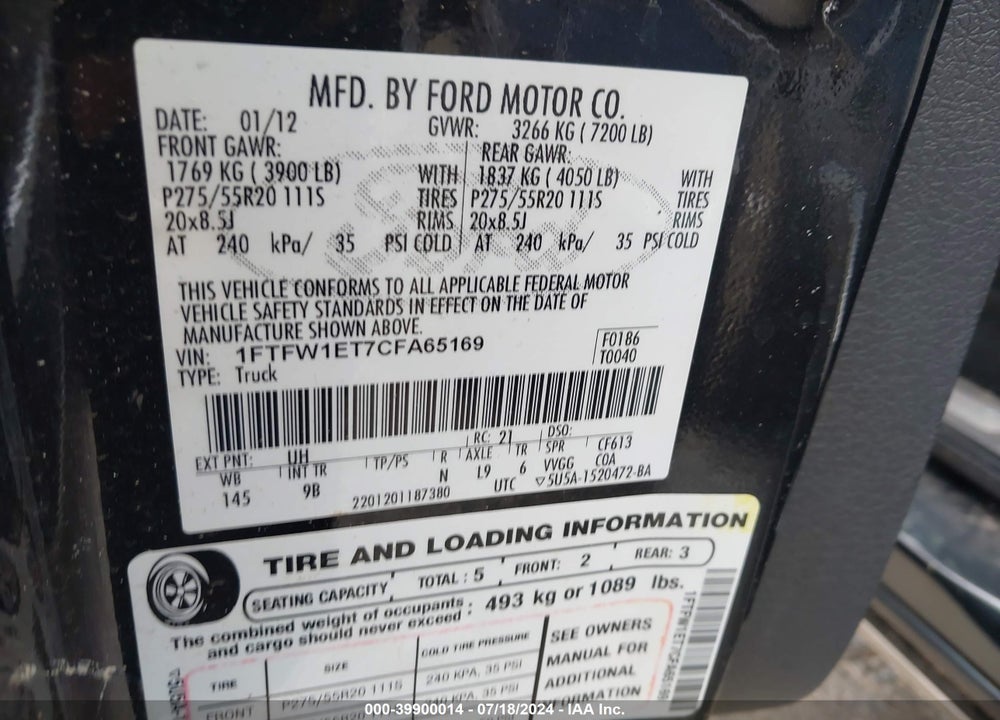 2012 FORD F-150 PLATINUM VIN: 1FTFW1ET7CFA65169
