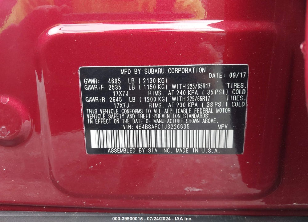 2018 SUBARU OUTBACK 2.5I PREMIUM VIN: 4S4BSAFC1J3226635