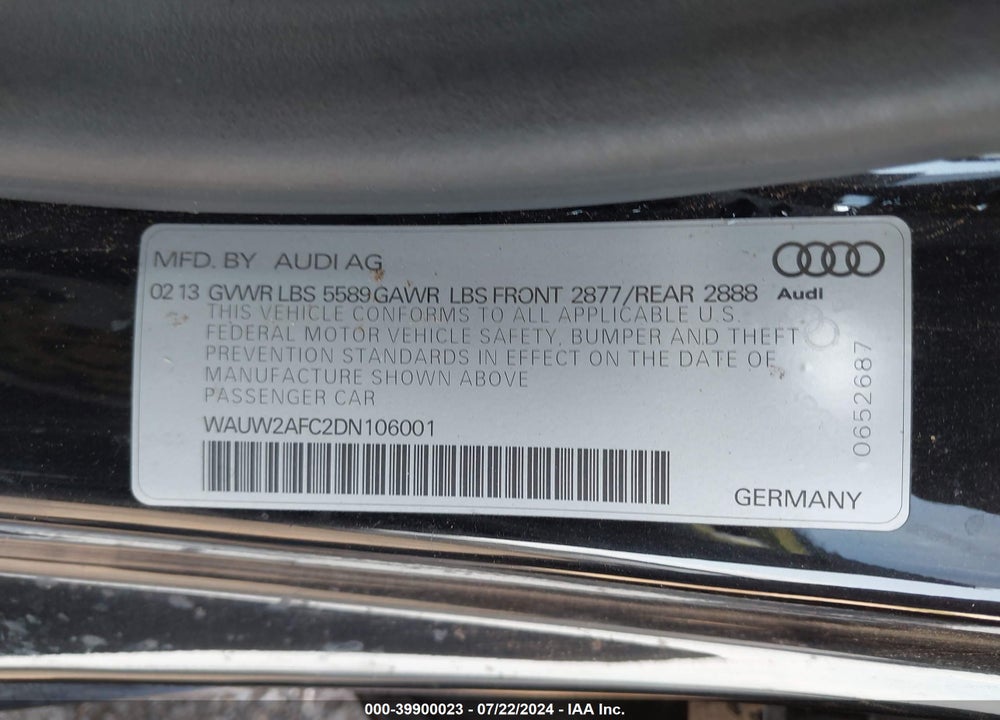 2013 AUDI S7 4.0T PRESTIGE VIN: WAUW2AFC2DN106001