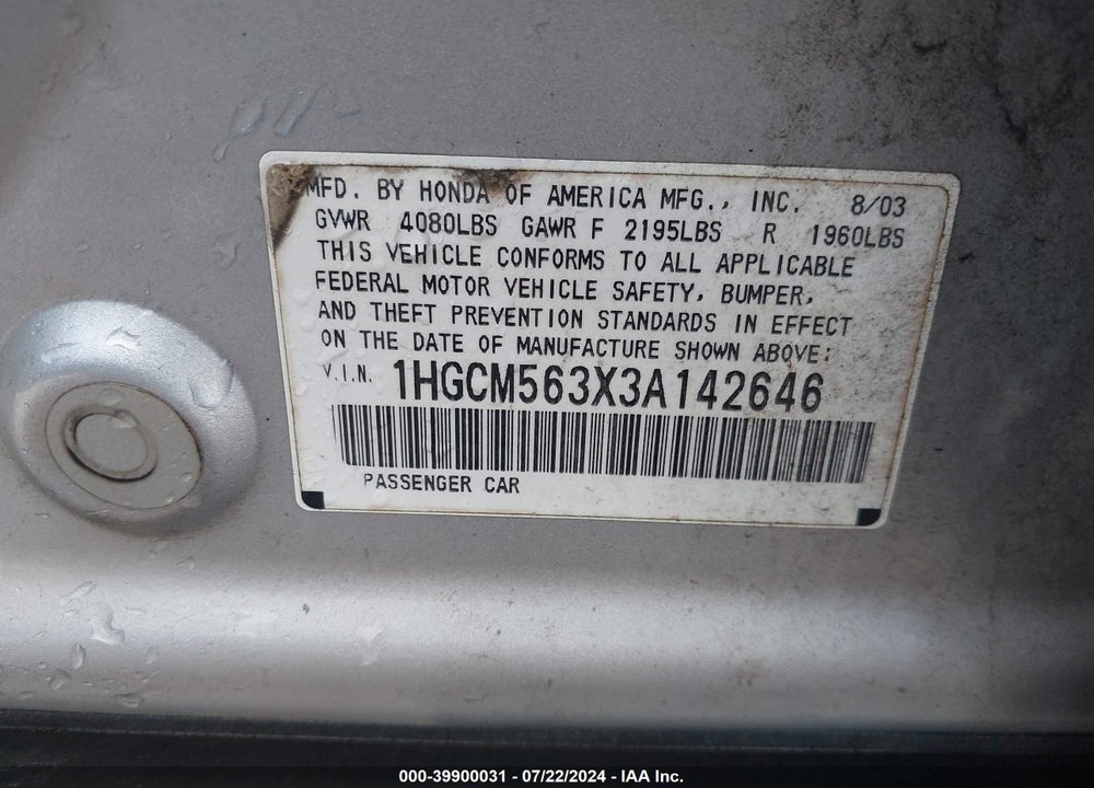 2003 HONDA ACCORD 2.4 LX VIN: 1HGCM563X3A142646