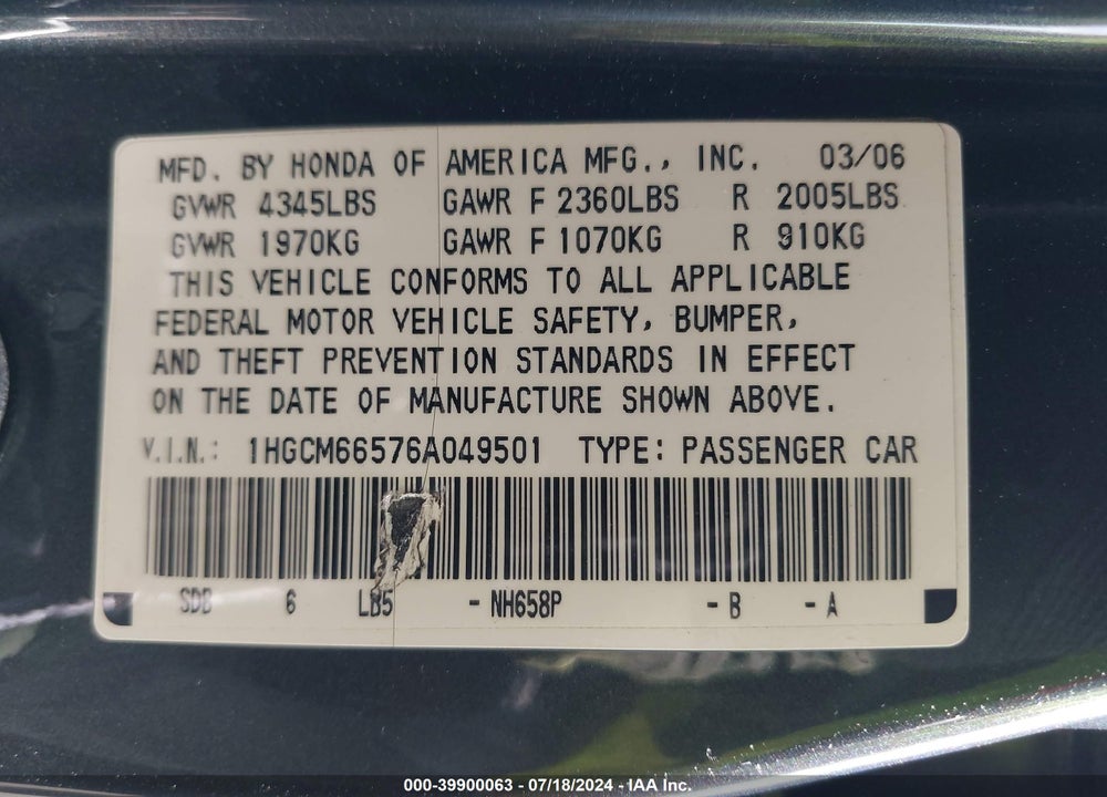 2006 HONDA ACCORD 3.0 EX VIN: 1HGCM66576A049501