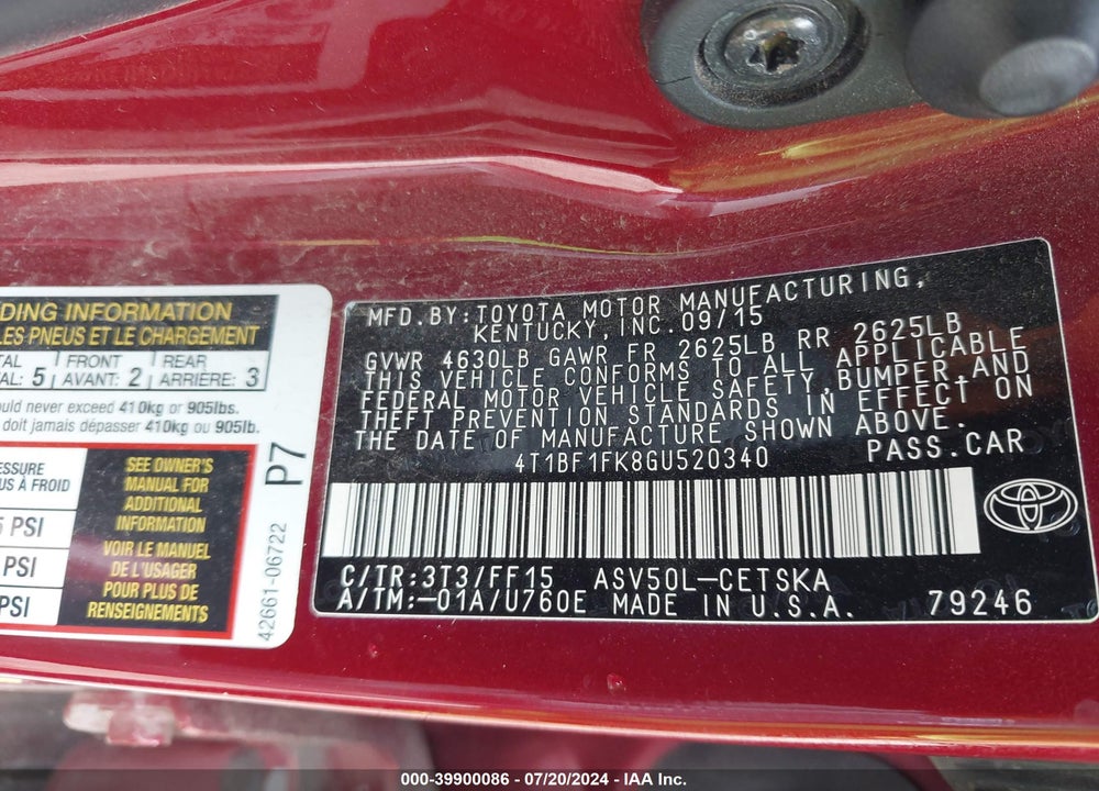 2016 TOYOTA CAMRY SE VIN: 4T1BF1FK8GU520340