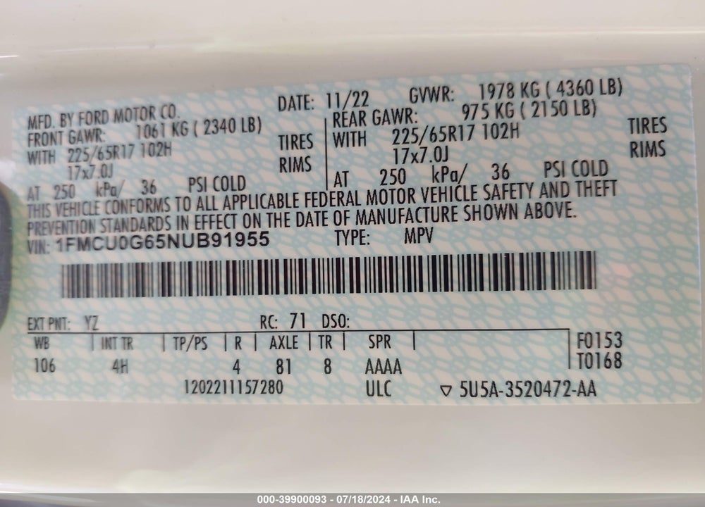 2022 FORD ESCAPE SE VIN: 1FMCU0G65NUB91955