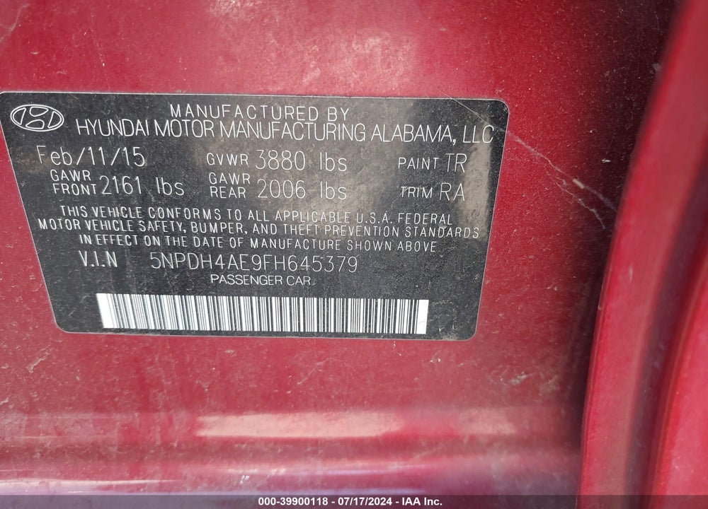 2015 HYUNDAI ELANTRA SE VIN: 5NPDH4AE9FH645379
