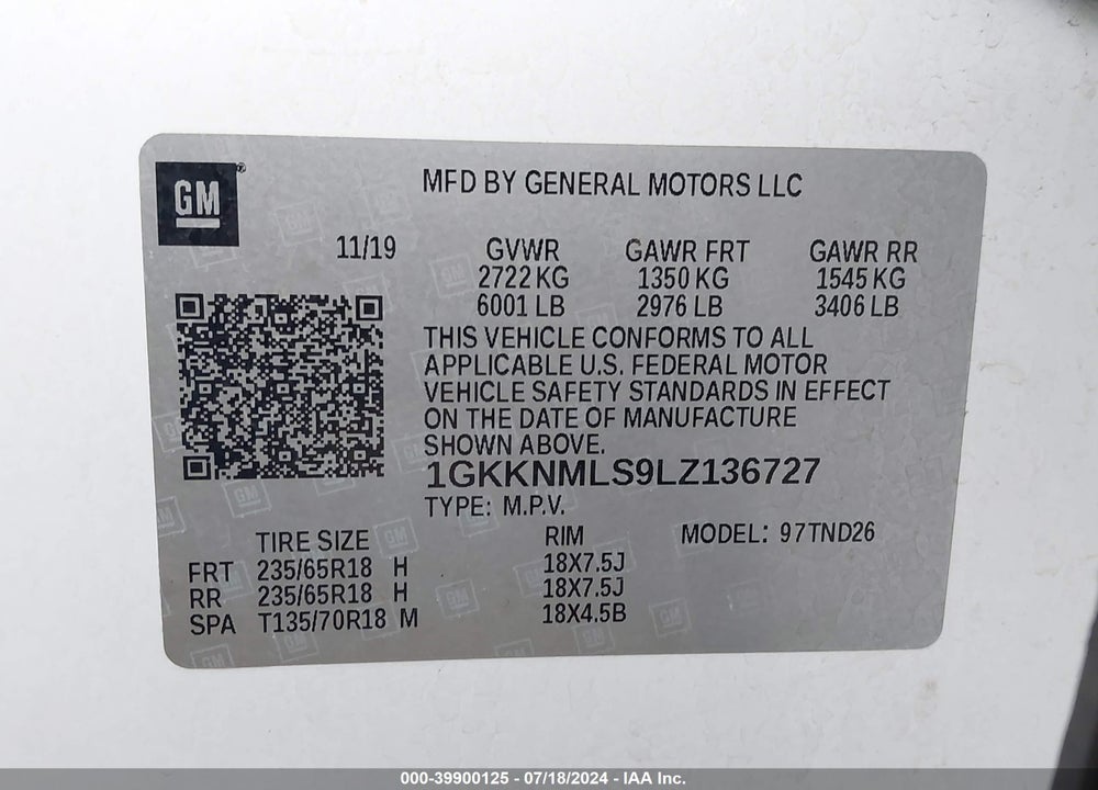 2020 GMC ACADIA FWD SLT VIN: 1GKKNMLS9LZ136727