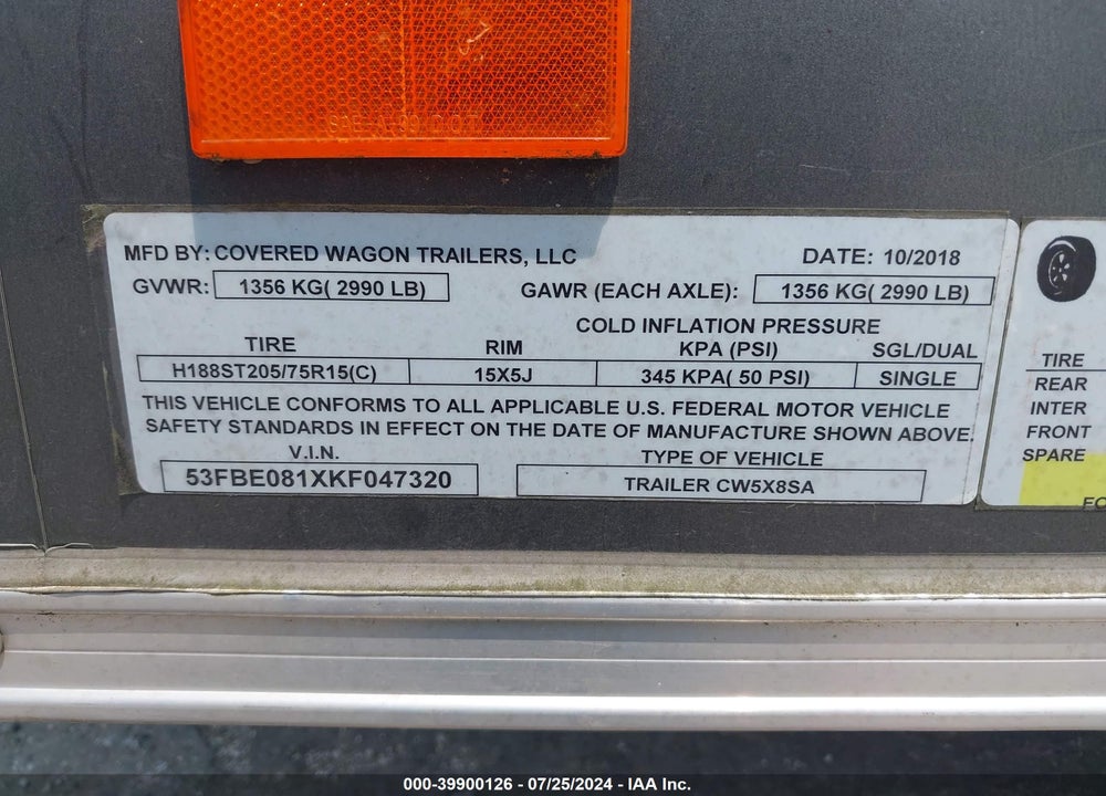 2019 COVERED WAGON 10X5 UTILITY TRAILER VIN: 53FBE081XKF047320