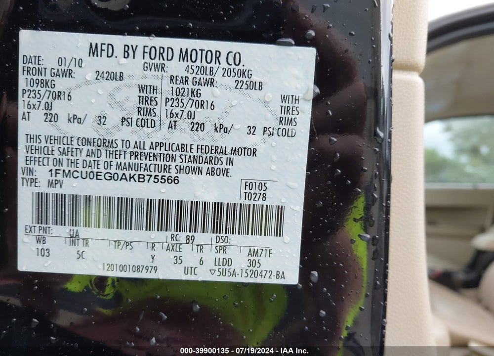 2010 FORD ESCAPE LIMITED VIN: 1FMCU0EG0AKB75566