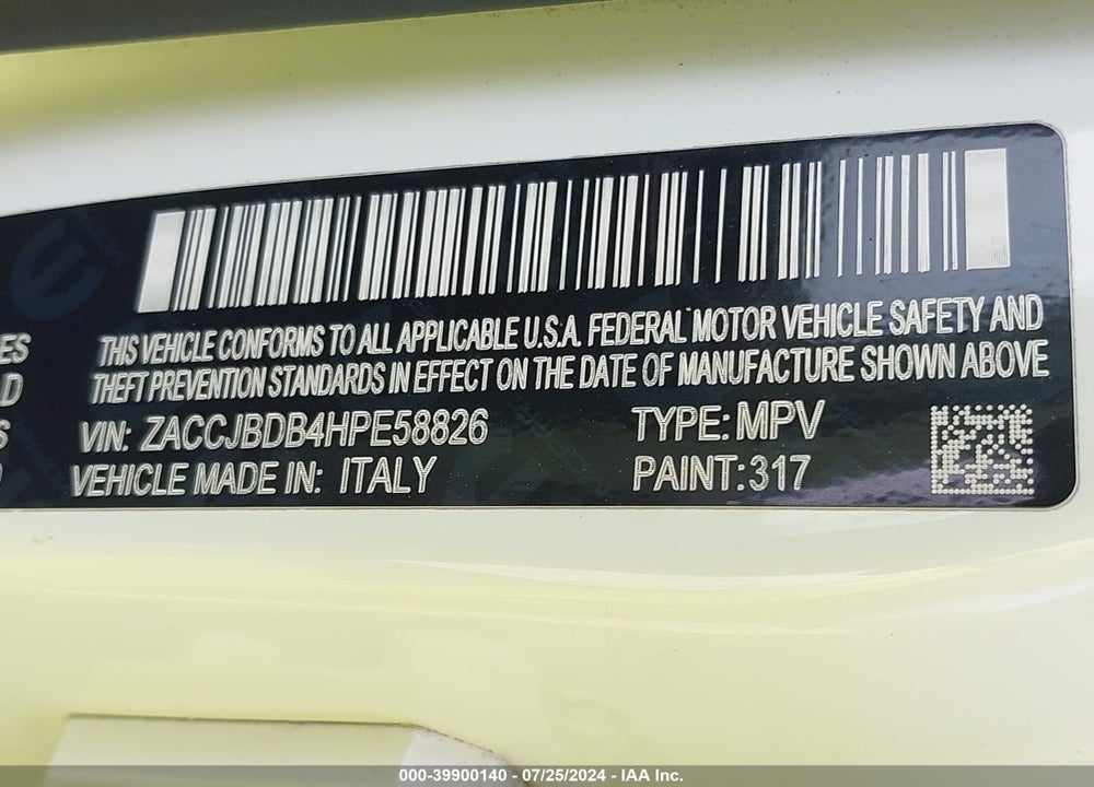 2017 JEEP RENEGADE LIMITED 4X4 VIN: ZACCJBDB4HPE58826