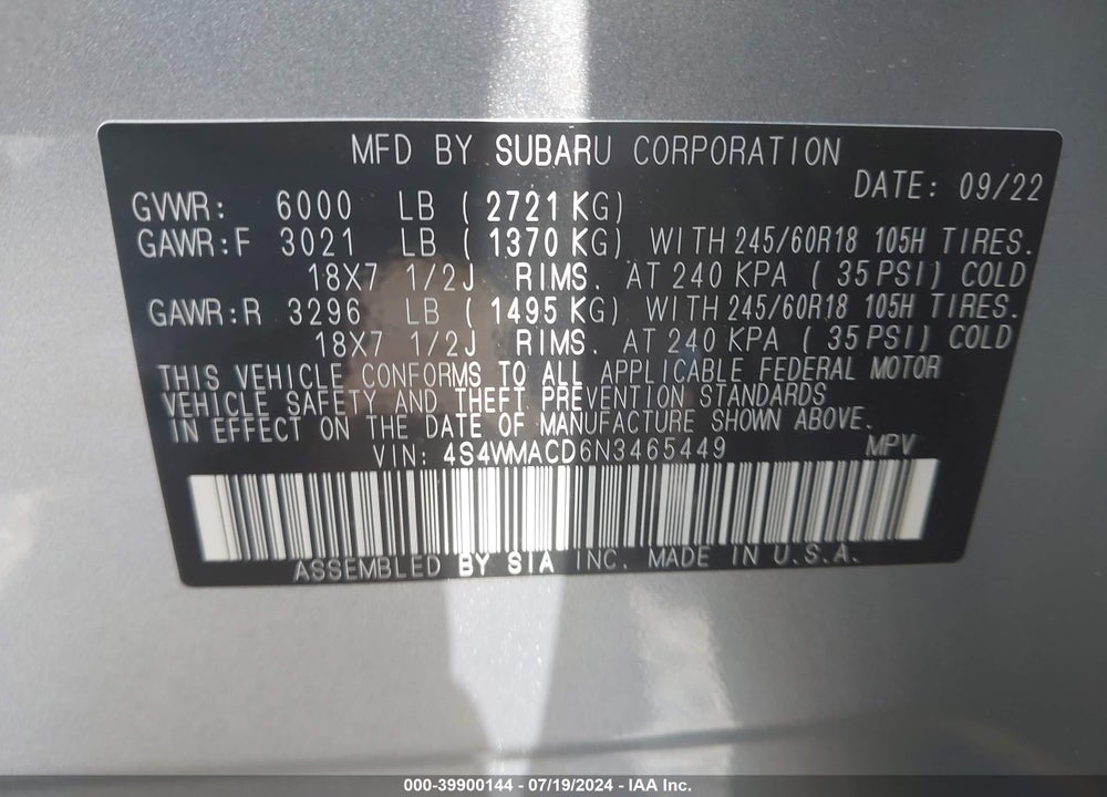 2022 SUBARU ASCENT PREMIUM VIN: 4S4WMACD6N3465449