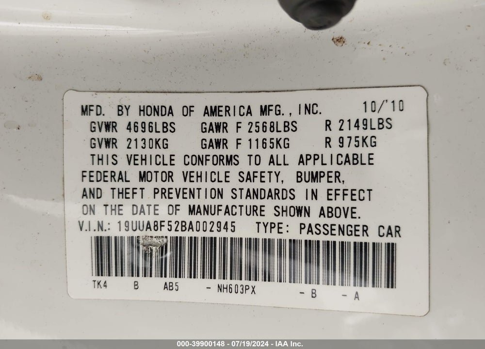 2011 ACURA TL 3.5 VIN: 19UUA8F52BA002945