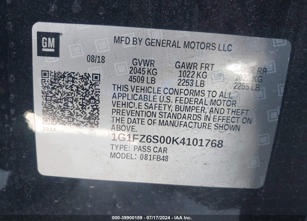 2019 CHEVROLET BOLT EV PREMIER VIN: 1G1FZ6S00K4101768