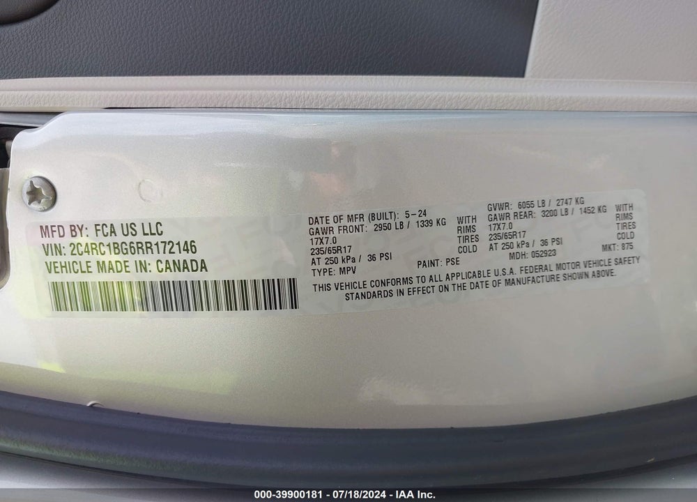 2024 CHRYSLER PACIFICA VIN: 2C4RC1BG6RR172146