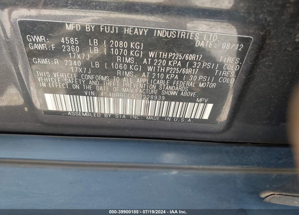 2013 SUBARU OUTBACK 2.5I PREMIUM VIN: 4S4BRBCC6D3228939