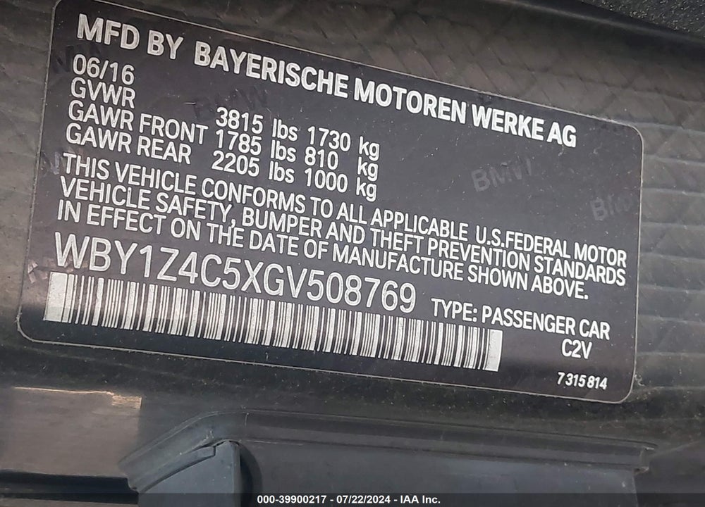2016 BMW I3 BASE W/RANGE EXTENDER VIN: WBY1Z4C5XGV508769