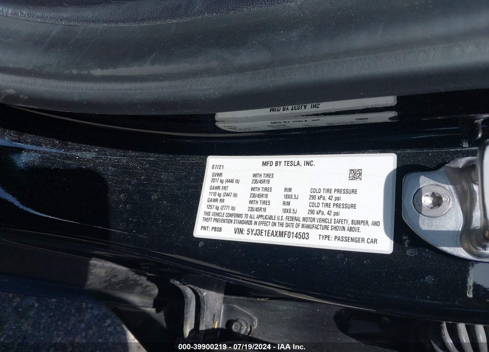 2021 TESLA MODEL 3 STANDARD RANGE PLUS REAR-WHEEL DRIVE VIN: 5YJ3E1EAXMF014503