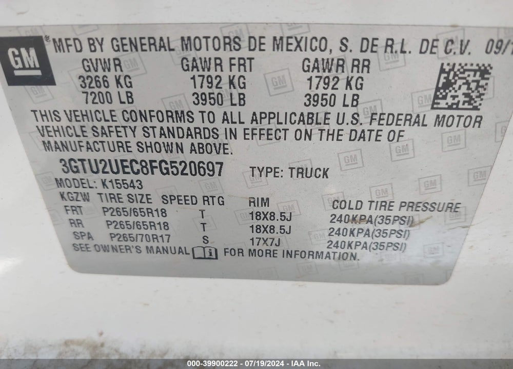 2015 GMC SIERRA 1500 SLE VIN: 3GTU2UEC8FG520697