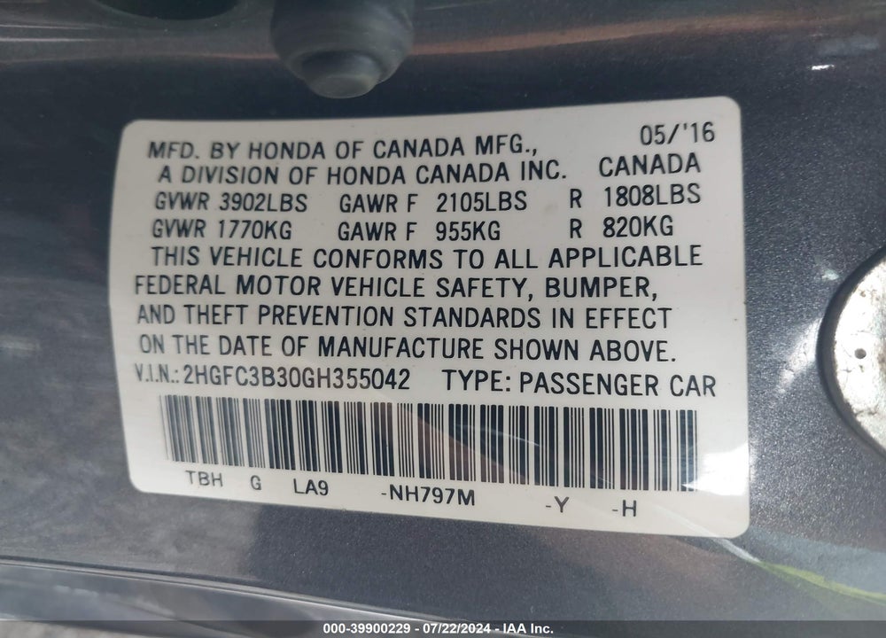 2016 HONDA CIVIC EX-T VIN: 2HGFC3B30GH355042