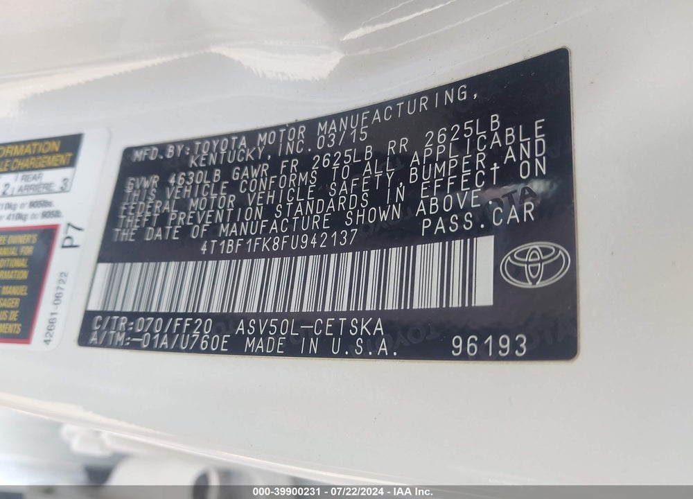 2015 TOYOTA CAMRY SE VIN: 4T1BF1FK8FU942137