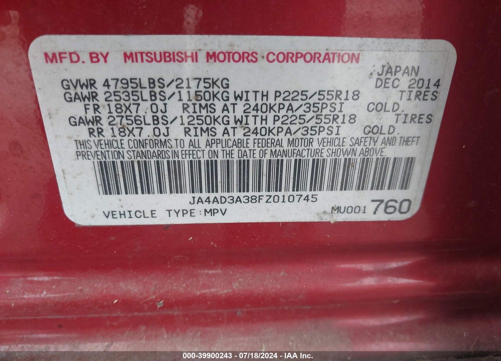 2015 MITSUBISHI OUTLANDER SE VIN: JA4AD3A38FZ010745