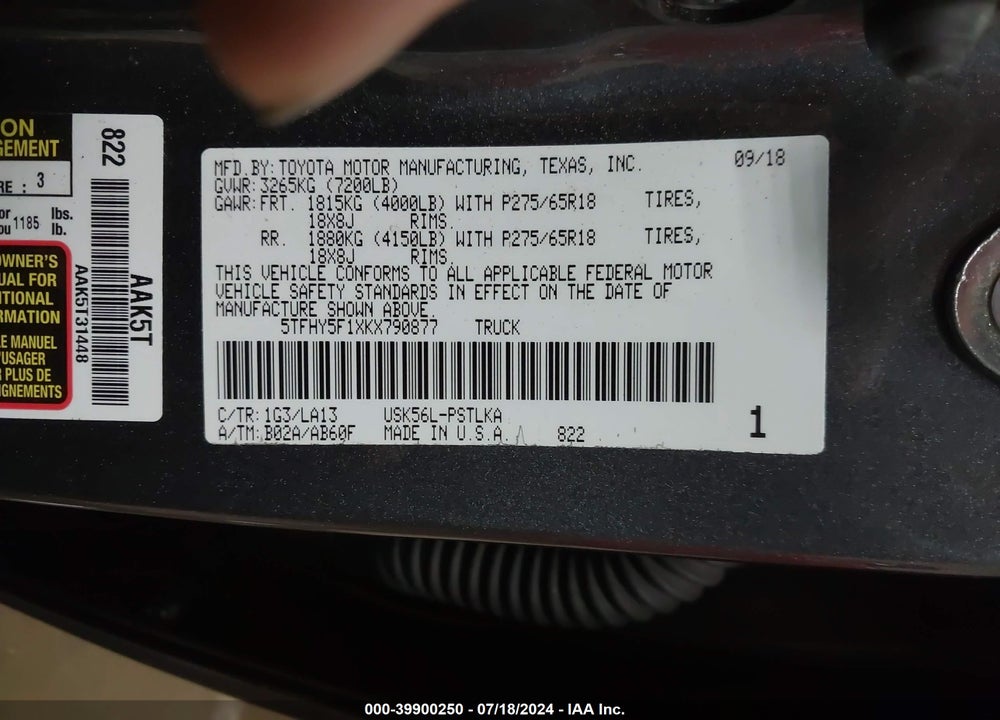 2019 TOYOTA TUNDRA LIMITED 5.7L V8 VIN: 5TFHY5F1XKX790877