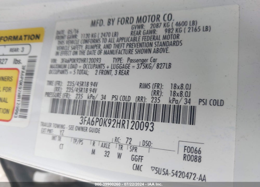 2017 FORD FUSION TITANIUM VIN: 3FA6P0K92HR120093