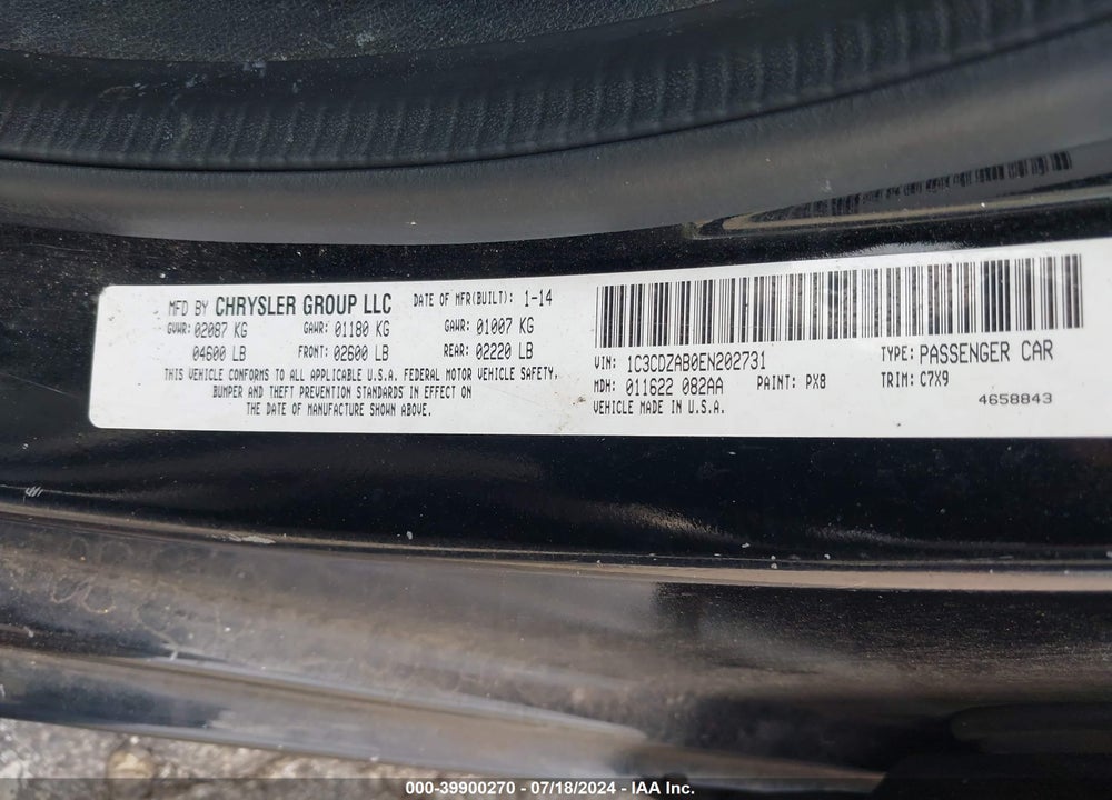 2014 DODGE AVENGER SE VIN: 1C3CDZAB0EN202731