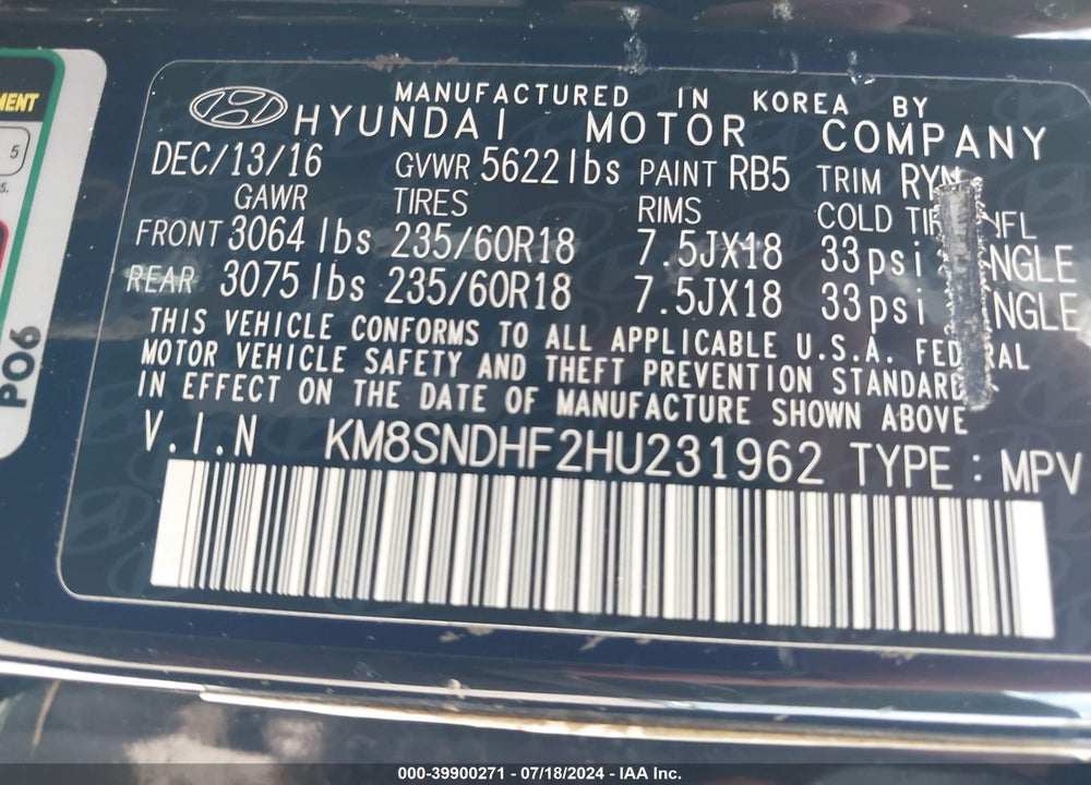 2017 HYUNDAI SANTA FE SE VIN: KM8SNDHF2HU231962
