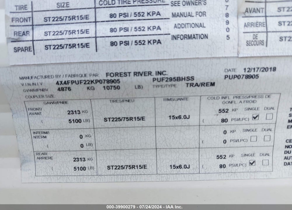 2019 FOREST RIVER PALAMINO VIN: 4X4FPUF22KP078905